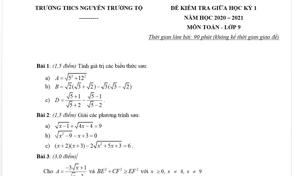 Toán 9: Đề kiểm tra giữa học kỳ 1. Trường THCS Nguyễn Trường Tộ năm học 2020-2021